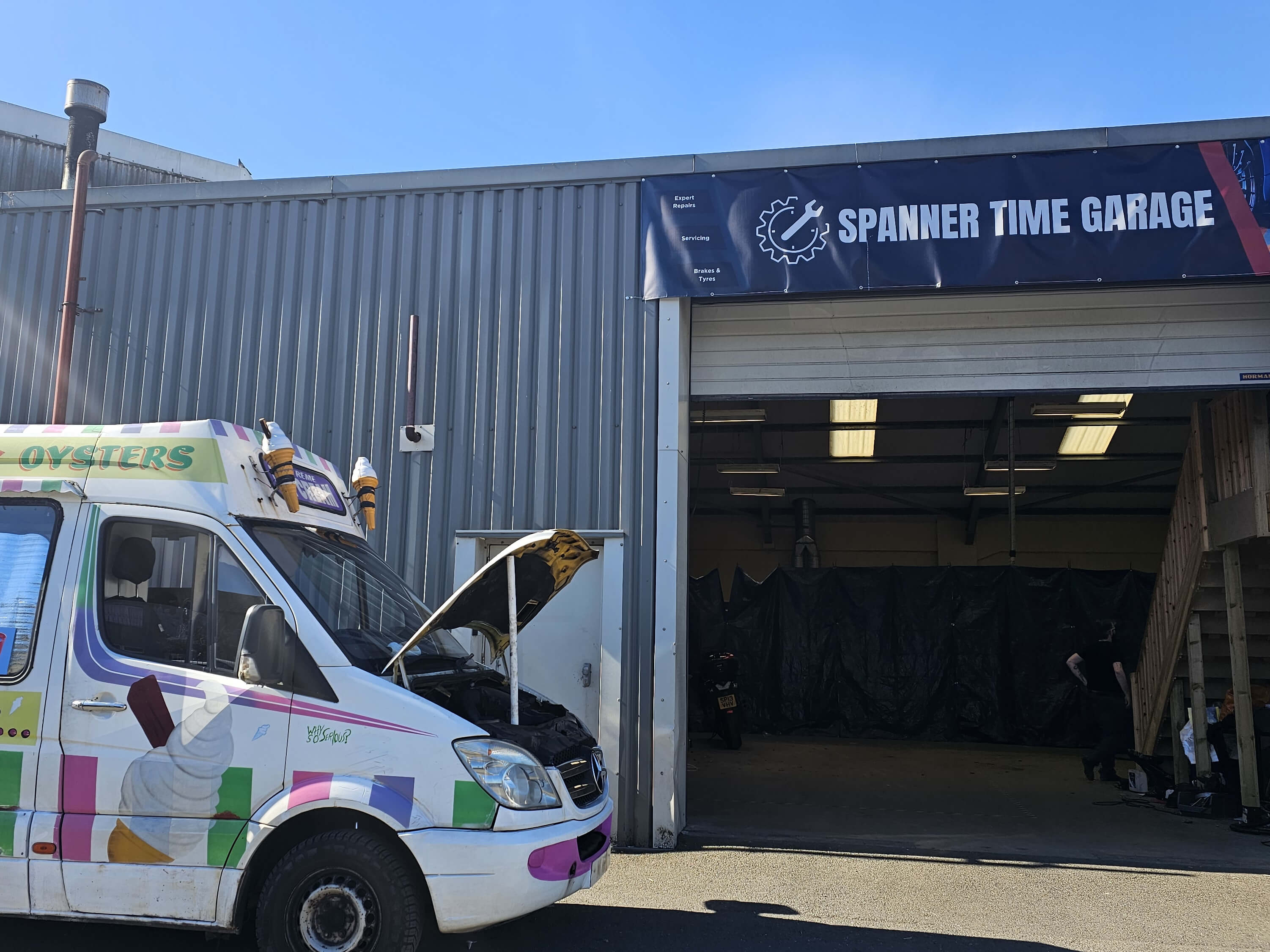 An ice cream van being repaired at Spanner Time Garage